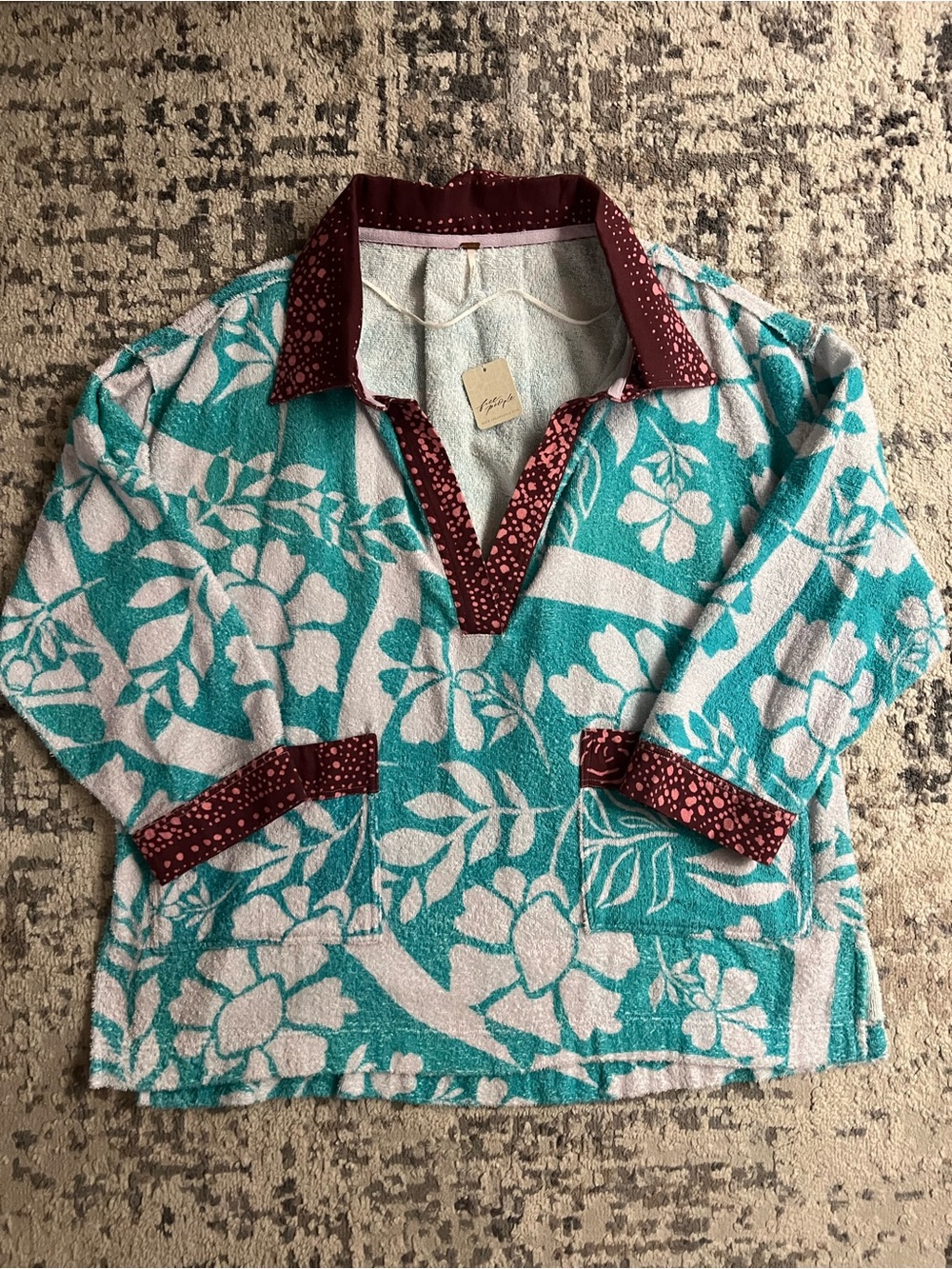 Free People Aqua Floral Pullover Hoodie with Maroon Trim